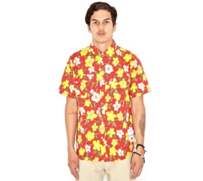 Stussy X Hawaiian Floral  Aloha Rare VTG S/S Shirt Red multicolor Front Pockets 