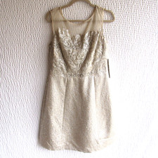 Cocktail Party Lace Embossed Dress Champagne Crystals 10 12 KAY UNGER Sheer Uper