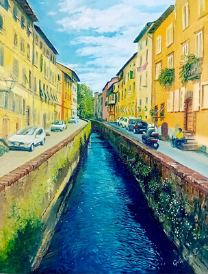 Ölmalerei  ''Lucca   Der stille Kanal im Sonnenlicht'' 30 x 40 cm - E.Gritchina