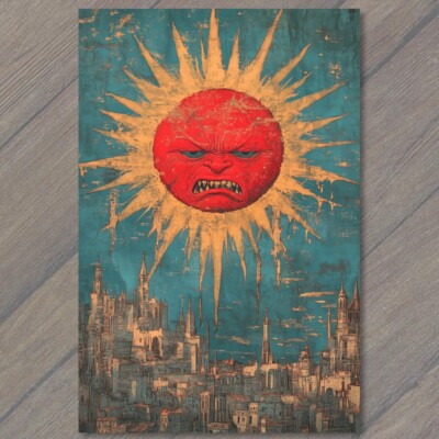 POSTCARD Angry Sun Over City Mean Star Hot Rays Buildings Sky Funny Unusual