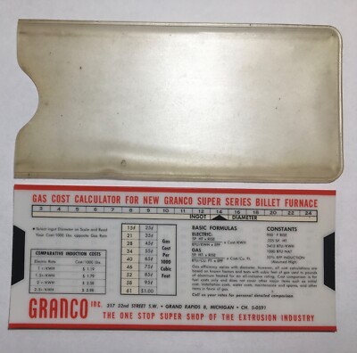 Vintage Granco Gas Cost Slide Calculator  for Granco Super Series Billet Furnace