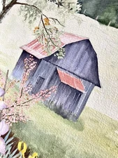 Watercolor Painting Barn 22" Wildflowers Gardens Forrest Happy Art Signed Donna
