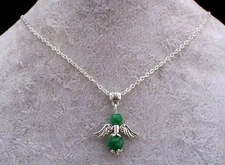 Green Jade Guardian Angel Pendant, Chain Necklace. Handmade In Gift Bag