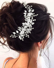 Flower Bridal Hair Vine Silver Crystal Pearl Bride Wedding Headpieces Leaf Ha...