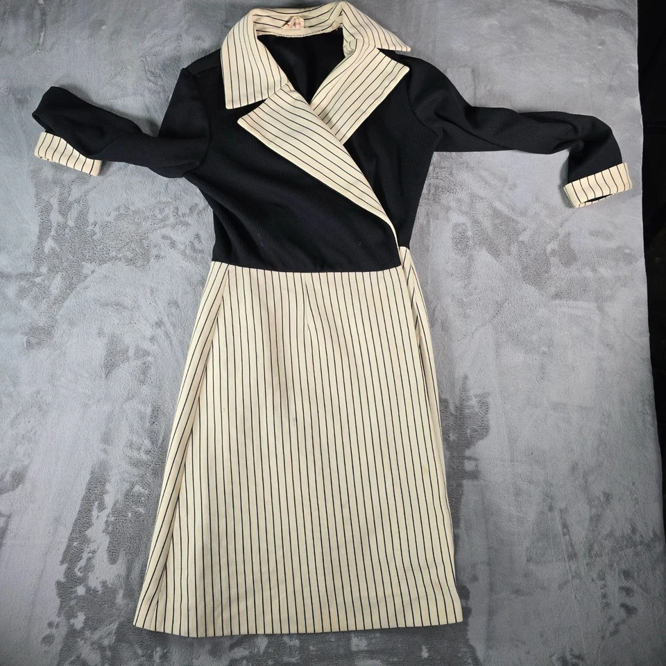 Vestido vintage de principios de los años 70 R&K tejidos negro y crema a rayas en contraste (L) *defecto Foto 4 de 4
