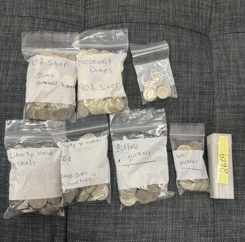 Lot of mixed silver dimes, war nickels, buffalo and v nickels. Pictured as shown