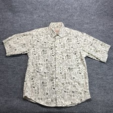 Woolrich Shirt Mens Medium Beige Fishing Print Short Sleeve Button Up Outdoor