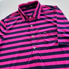 RLX Ralph Lauren Polo Shirt Mens L Pink Navy Blue Striped Performance Golf