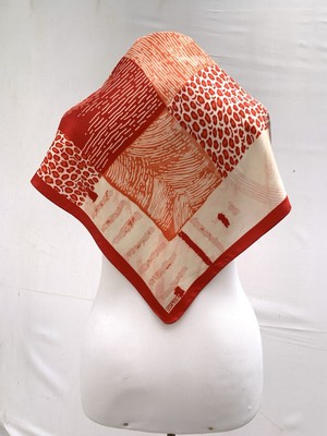 H5#Esprit 100% Silk Scarf Abstract Patch Print Red Orange Square Logo Signed