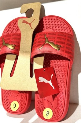 NEW PUMA Red slides with Gold Puma Cat Step And Repeat Logo Women s Size 9