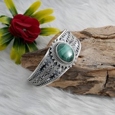 Sterling Silver Natural Malachite Bangle Adjustable Gemstone Jewelry handmade