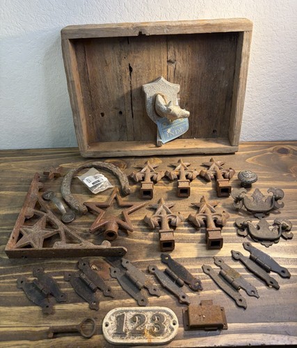 Vintage Cast Iron & Metal Ornamental Finials Handles Hinges Horse Shoe Wood Trey