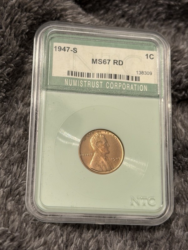 1947-S Lincoln Wheat Cent MS67RD Blazing Red Luster!!  NumisTrust Corporation
