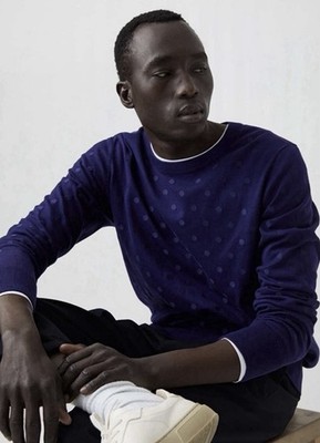 Arket Polka Dot Cotton Sweater Jumper Blue Knit Pull Over Men s Size Small