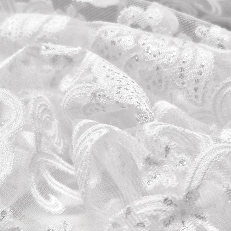 Tüllspitze Weiß Spitze Blumen Silber Glitzer Hochzeit Bekleidung Deko Stoff - Bild 4 von 4