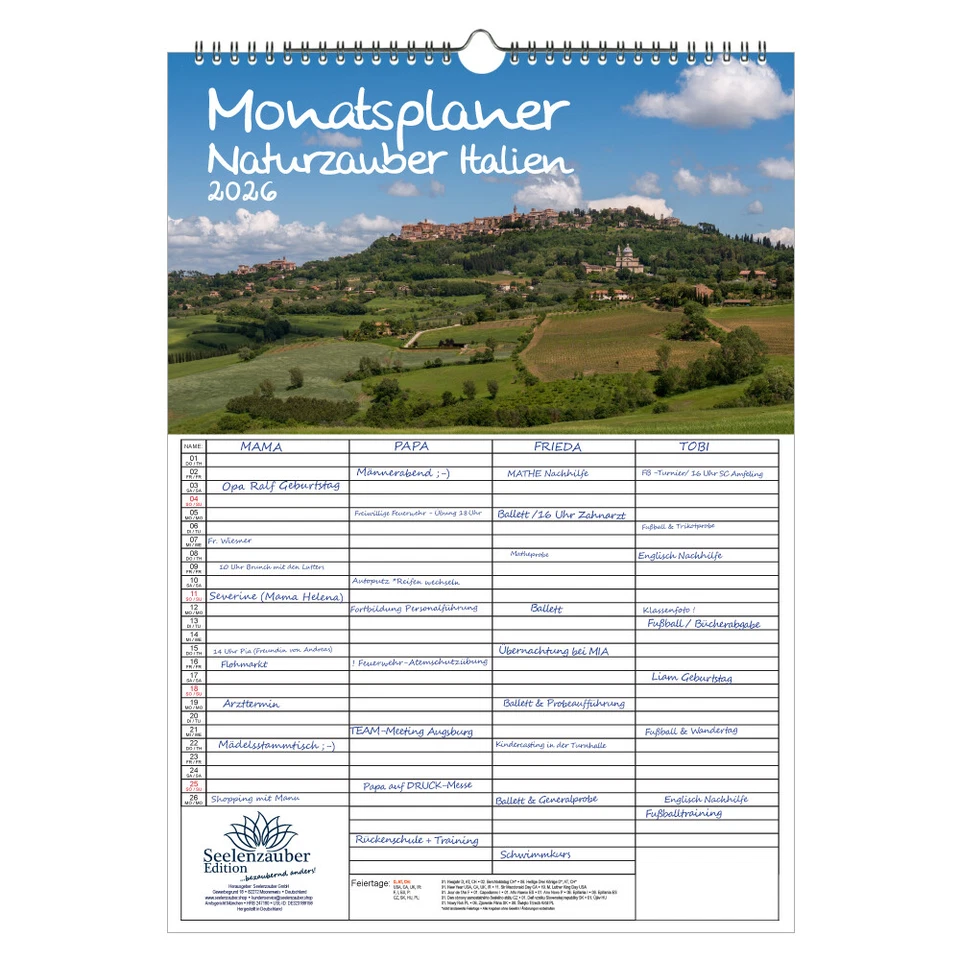 SEELENZAUBER GMBH Naturzauber Italien Planer Familienplaner 4 Spaltenplaner DIN A3 Kalender für 20