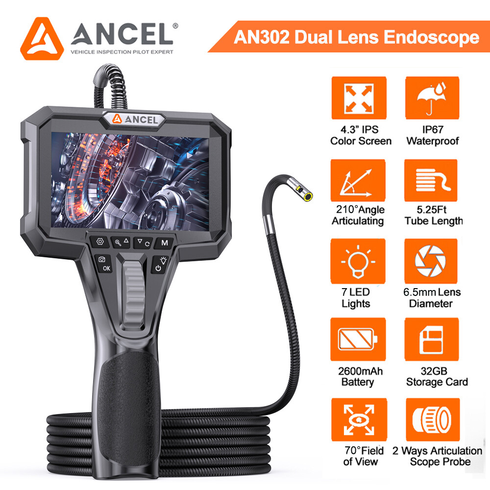AN302 Dual Camera Endoscope 210° Two-Way Articulating Borescope 4.3" HD Screen