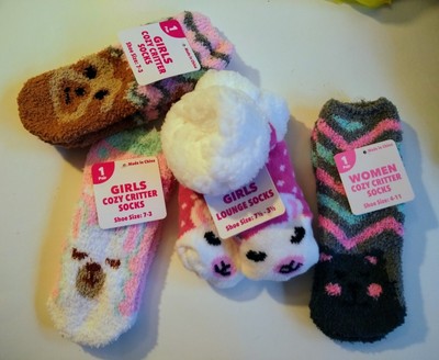 New COZY CRITTERS Fuzzy FACE Socks Lot- Women+ Girls