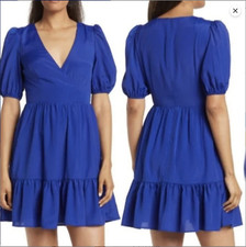 NWOT Eliza J Womens Blue Surplice Neck Puff Sleeve Fit & Flare Dress (2) $138