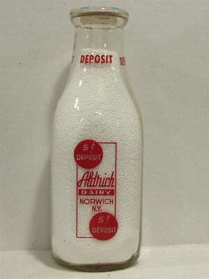 TSPQ Milk Bottle Aldrich Dairy Farm Norwich NY CHENANGO COUNTY 1949 5 Cents Dep