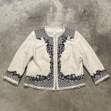 Chico  s Embroidered Tweed Jacket Women  s Size 2 L 12 Ivory Open Front Fringe