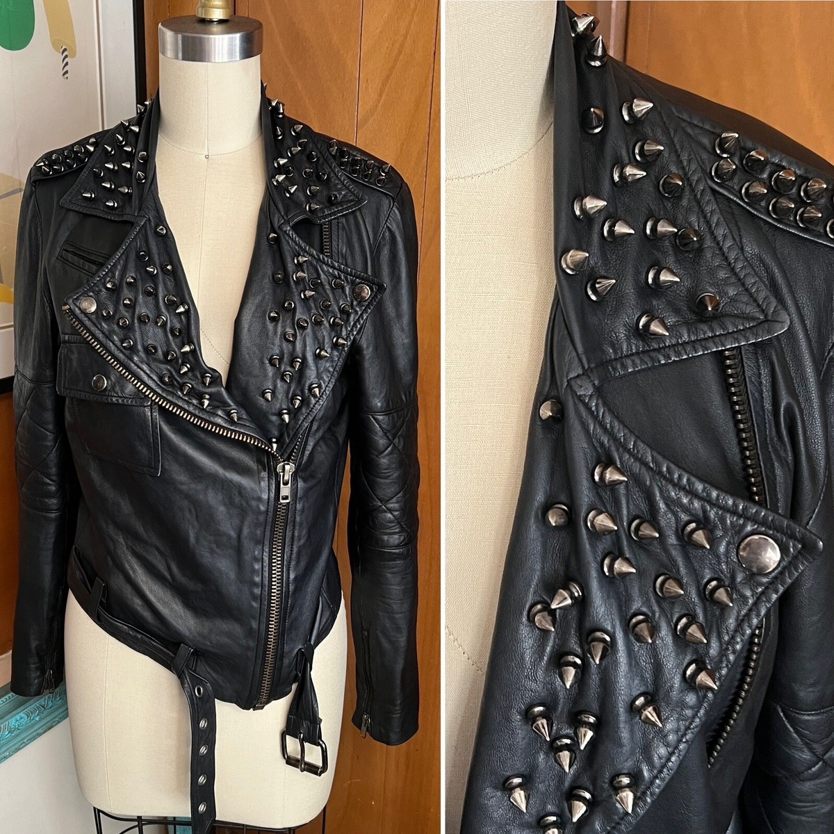Simone BY KATIE NEHRA スタッズ ライダースジャケット Simone by Katie Nehra Spiked Leather Biker Moto Jacket Sz S black