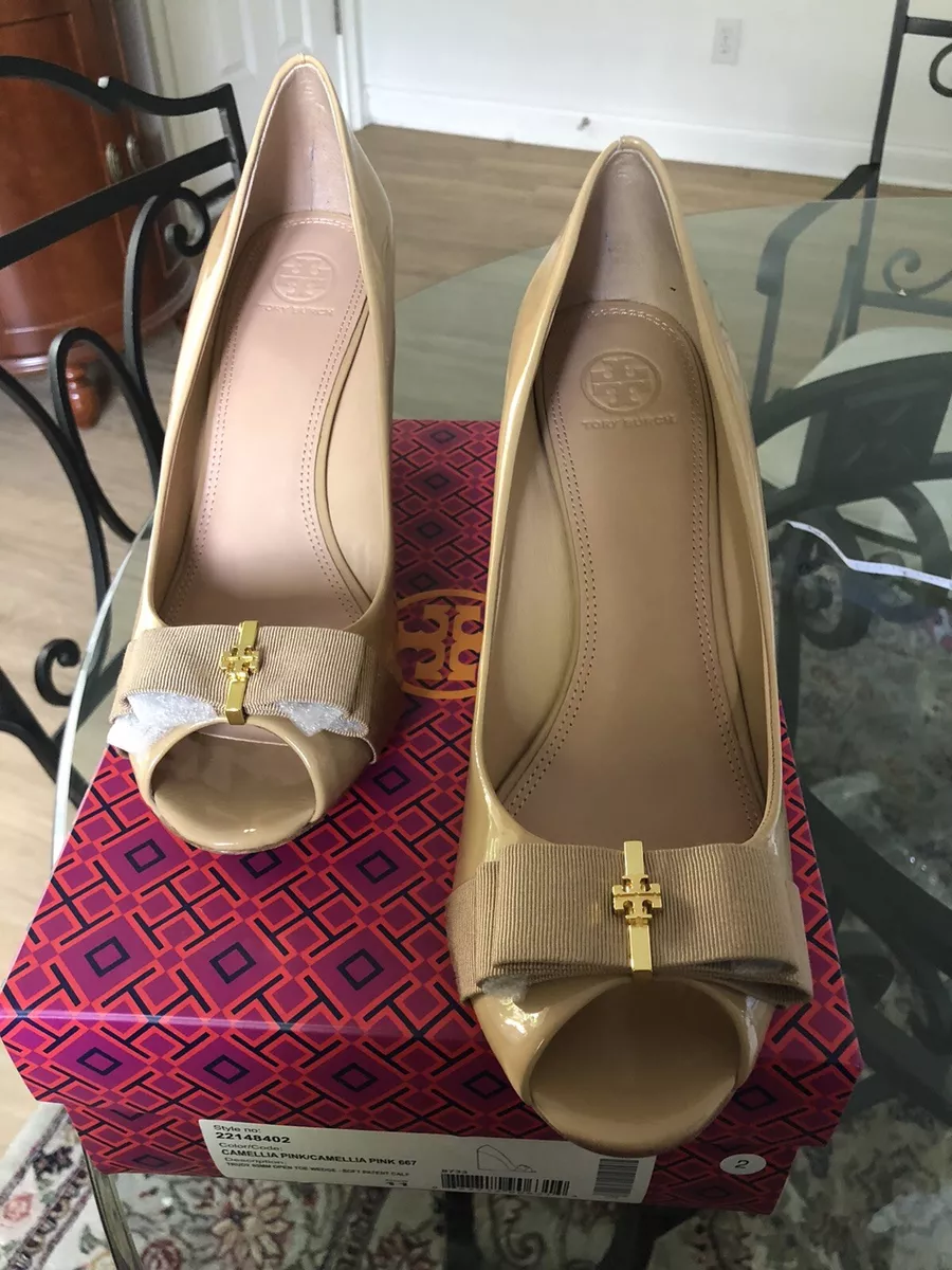 Tory Burch Beige Patent Open Toe Wedges NIB Size 11 eBay