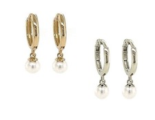 14k Yellow or White Gold Pearl Huggie Dangle Earrings