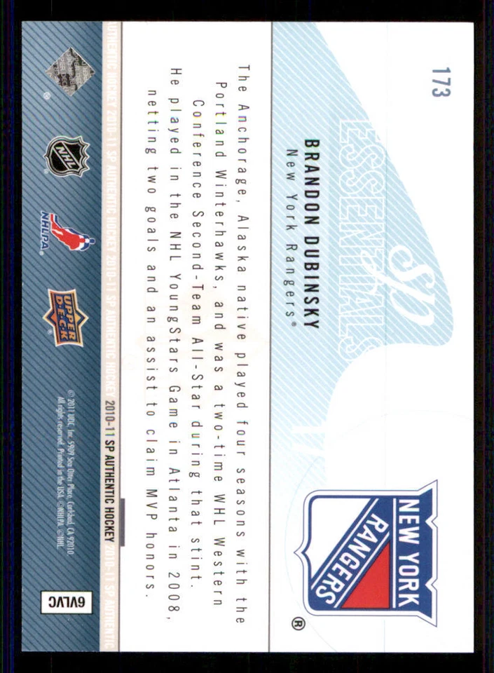 2010-11 SP Authentic #173 Brandon Dubinsky ESS /1999 - Image 2 of 2