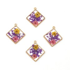 Clearance 8PCS Gold Tone Dried Flower Resin Diamond Shape Charm Pendant GBY507