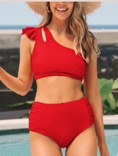 Large Red One-Shoulder Ruffled Bikini Set