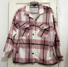 Rising Pink & White Checked Shacket Womens Size M Oversized Flannel Shirt Jacket