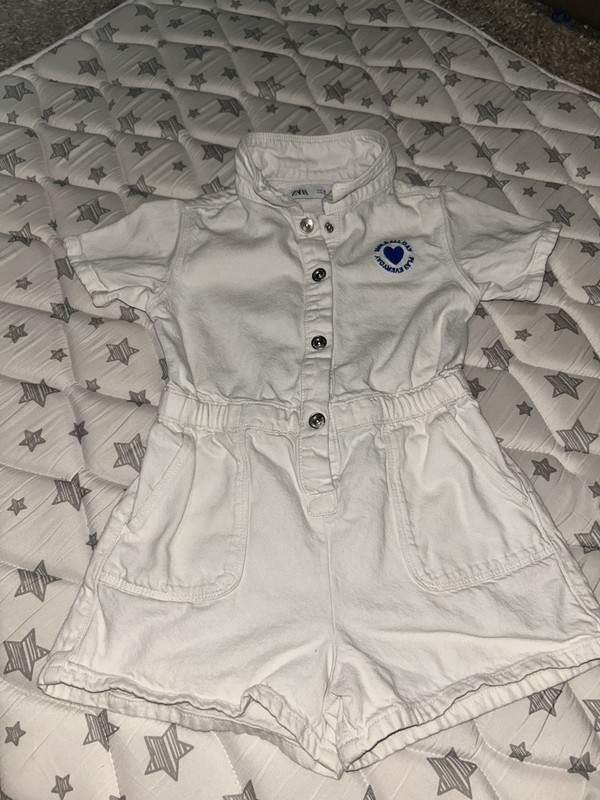 Zara Kids White Collared Romper Shorts White Denim Size 5 100% Cotton