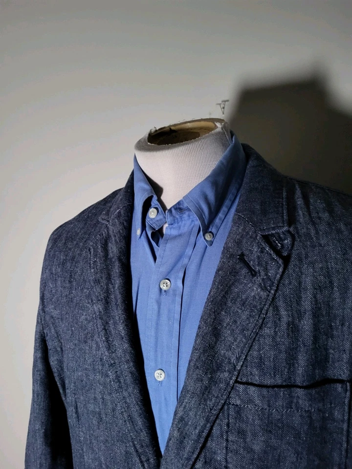 Blazer Chaqueta Abrigo Deportivo Azul Marino Blanco Hecho en Casa LINO Algodón 44 L Grande Foto 2 de 4