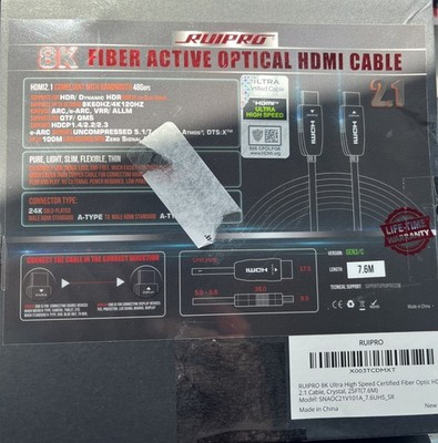 RUIPRO 8K Fiber Optic HDMI 2.1 Cable 48 GBPs 8K60Hz 4K 120 Hz Dynamic. OPEN BOX