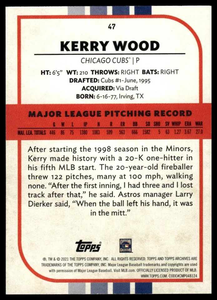 2021 Topps Archives Snapshots Kerry Wood #47 Black & White - Image 2 of 2