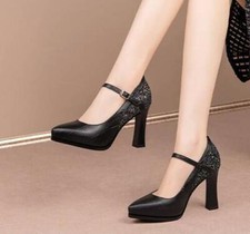 Scarpe decolte donna moda punta tacco nero cinturino fibbia vera pelle 