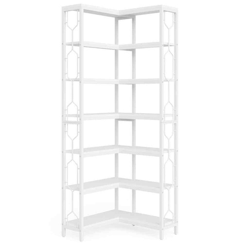 Frailey 79 in. Tall White Wood 7-Shelf Corner Etagere Bookcase