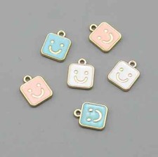 Cute Pink, Blue, White Square Happy Face Enamel Charm 14mm x 11mm