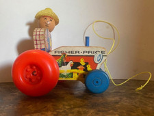 Vintage 1961 Fisher Price Toys Wooden Mighty Tractor #629 Farmer Farm Pull Toy