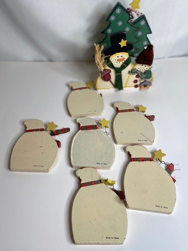 Christmas Snowman Vintage Wooden Coaster Set (6) Handpainted Holiday Decor - Picture 10 of 12