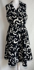 Tahari Women's Black And White Graphic Print Sleeveless Collar Belt Dress 10