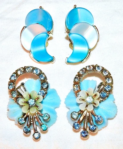 Lisner Earring Set Additional Pair Blue Moons Flowers Rhinestones Signed Vintage