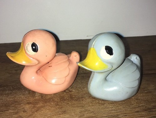 vintage baby rattle toy hard plastic pink and blue ducks 1940s