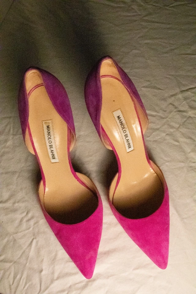 Zapatos de salón Manolo Blahnik Tayler de gamuza bicolor rosa púrpura D'orsay 42 W2 Foto 4 de 4