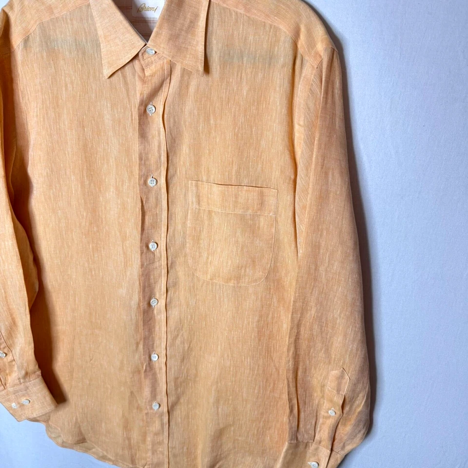 Camisa Vintage Brioni Lino Etiqueta Talla III Italia Naranja Melocotón Años 70 80 Talla L EE. UU. 42 LEER Foto 2 de 4