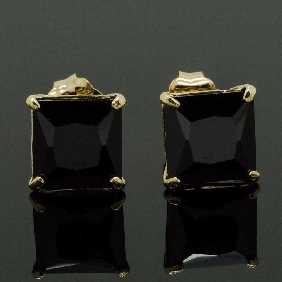 2Ct Simulated Black Diamond Princess-Cut 14K Yellow Gold Push Back Stud Earrings - Image 4 of 4
