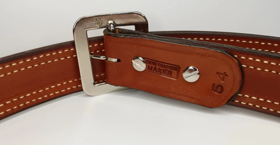 John Bianchi Maker Brown Leather Belt Mens Size 54 Chrome Buckle - Image 2 of 4