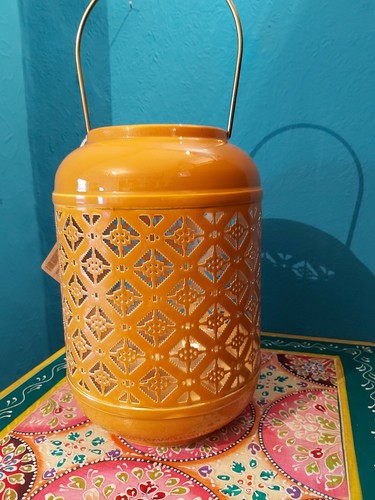 INDIAN CUT OUT DESIGN IRON LANTERN IN VIBRANT MUSTARD YELLOW - Picture 9 of 10