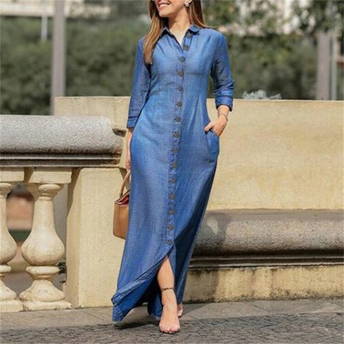 Womens Retro Denim Maxi Shirts Dress 